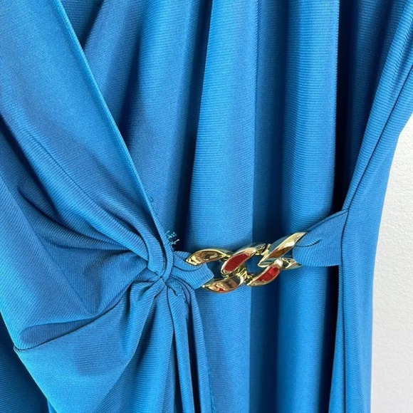 CONTEMPORAINE NWT Faux Wrap Dress Dark Teal Blue Chain Simons Ruched Size M - Picture 5 of 11